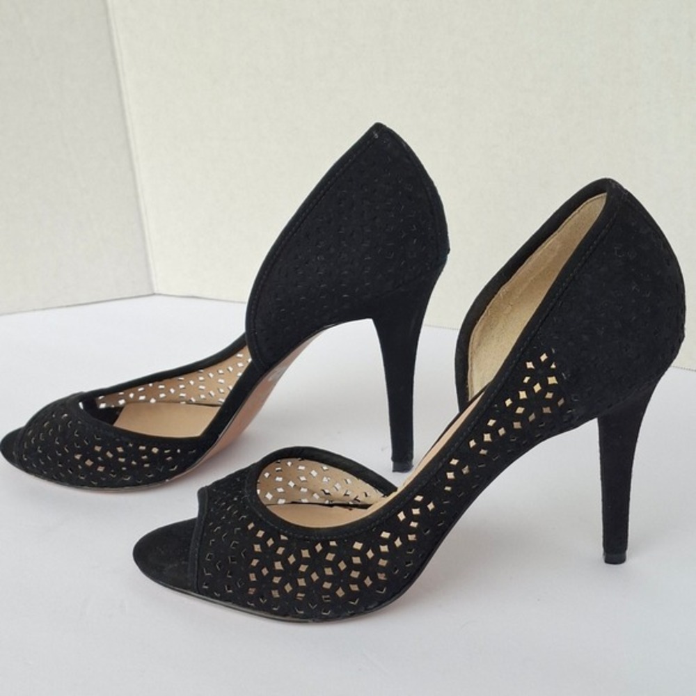 Nine West d'Orsay Heels Women's Size 10 Black Suede Laser Cut Peep Toe Pumps